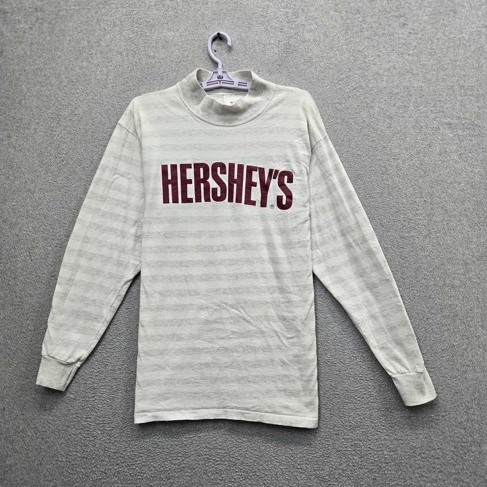 VINTAGE Hershey's Chocolate Men Shirt L Gray Striped USA 90s Logo READ